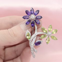 Vintage 14K White Gold Brooch Pin w/Diamonds, Colorstones