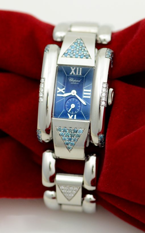 Ladies Chopard Geneve Stainless Steel Watch w/Blue & White Diamonds w/Box - Image 2