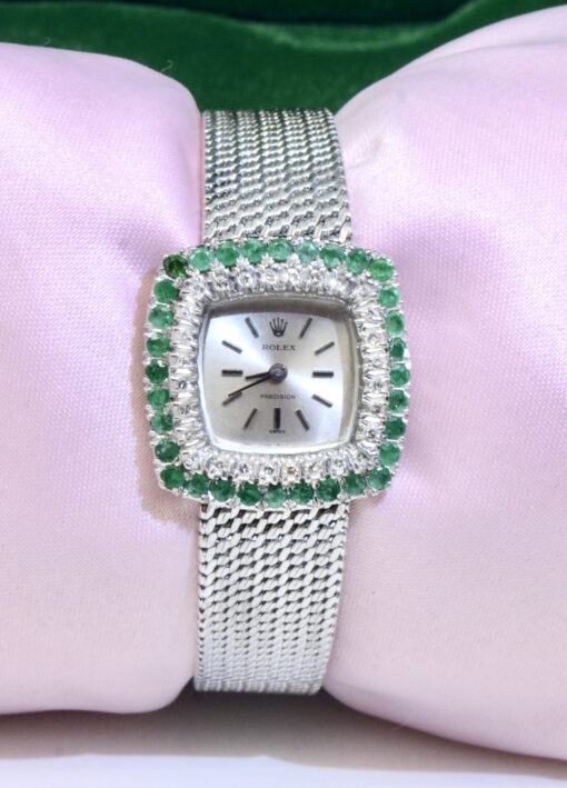 VINTAGE ROLEX Precision 18K White Gold&Silver watch w/Diamonds,Emeralds Ref.2157