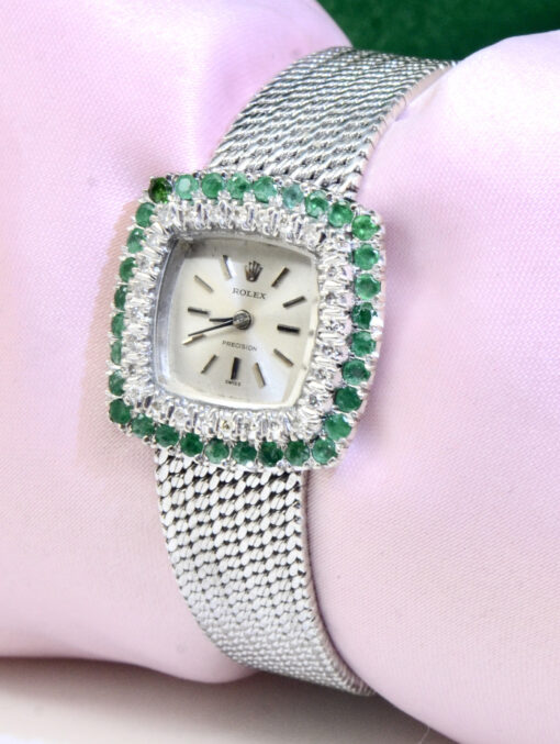 VINTAGE ROLEX Precision 18K White Gold&Silver watch w/Diamonds,Emeralds Ref.2157 - Image 3