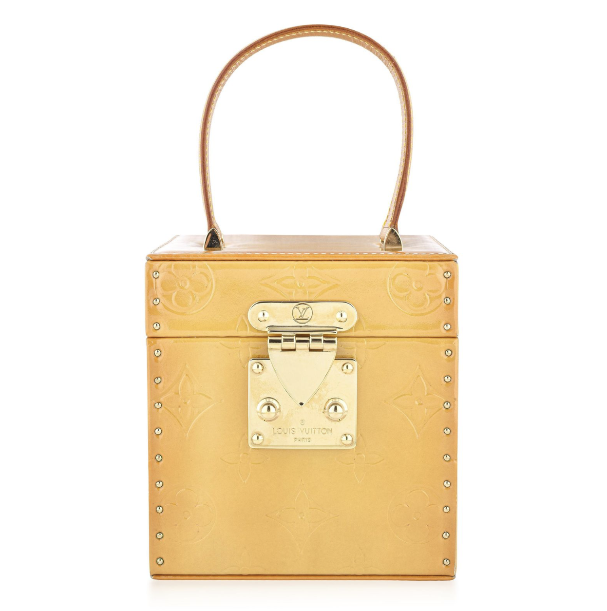 Authentic Louis Vuitton Vernis Bleecker HandBag -Mango color M91002Brand: Louis Vuitton Model: Bleecker Handbag Material: Monogram Vernis Patent Leather Color: Mango Serial: AA0998 (France, 2008) Size: Approximately  4.3" W x 4.5" H x 4.3 " D Handle Drop: 3.5" Condition: B