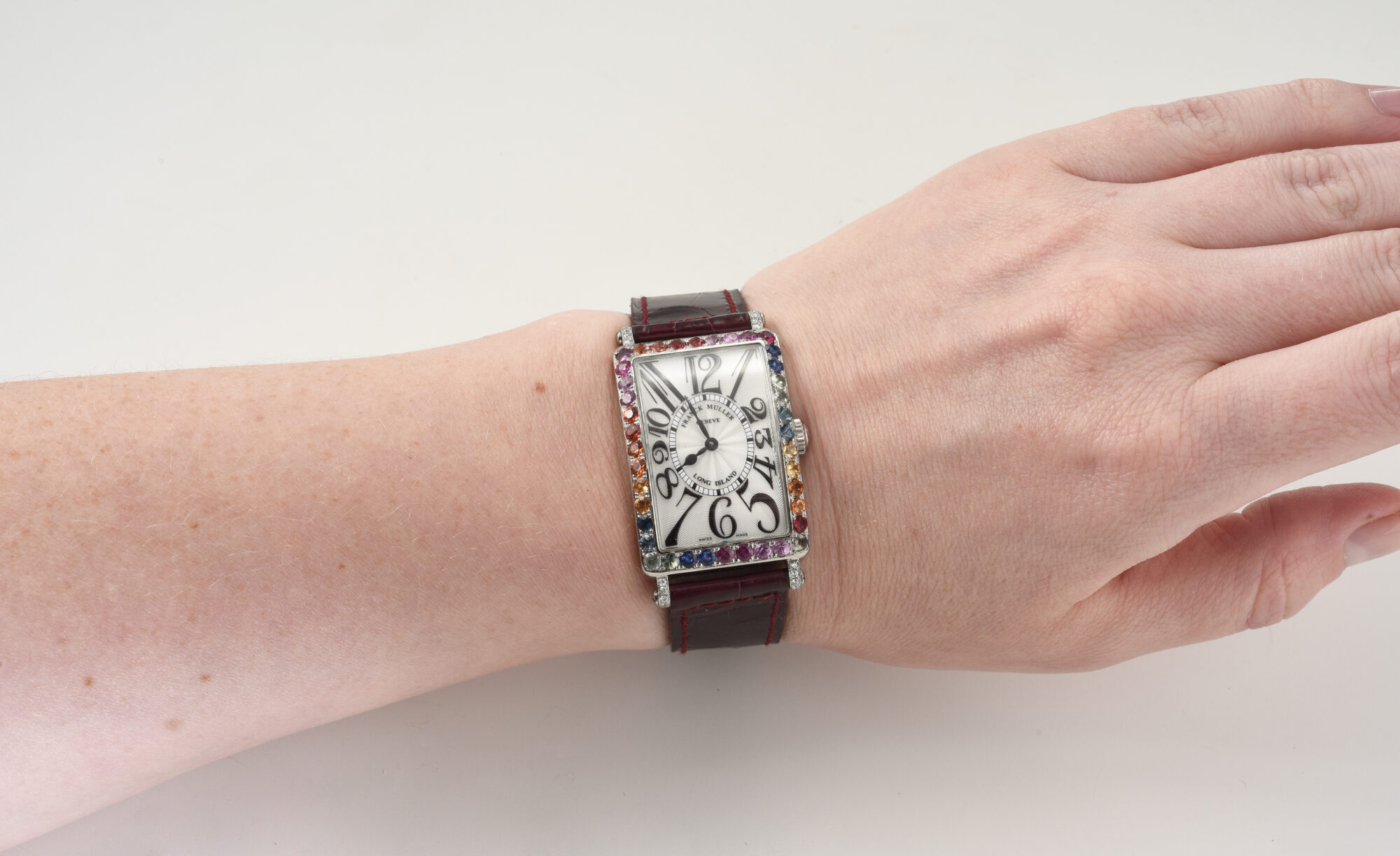 Franck Muller Long Island in steel with rainbow stones on bezel, with box - Image 2