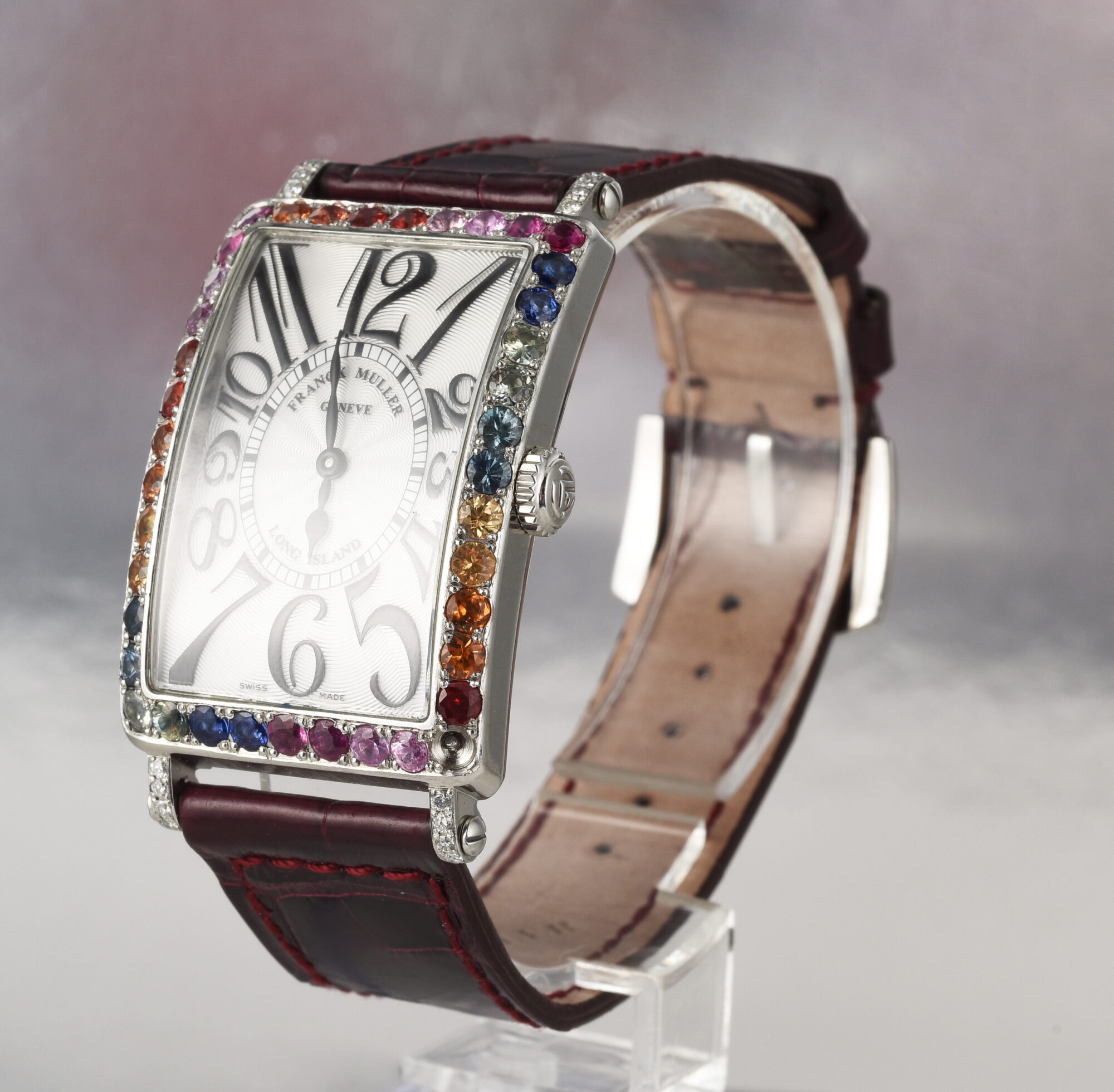 Franck Muller Long Island in steel with rainbow stones on bezel, with box - Image 3