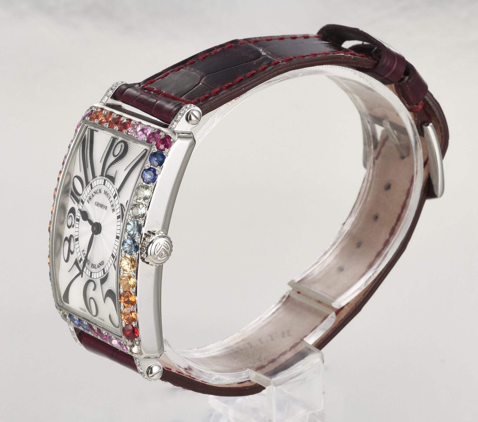 Franck Muller Long Island in steel with rainbow stones on bezel, with box - Image 8