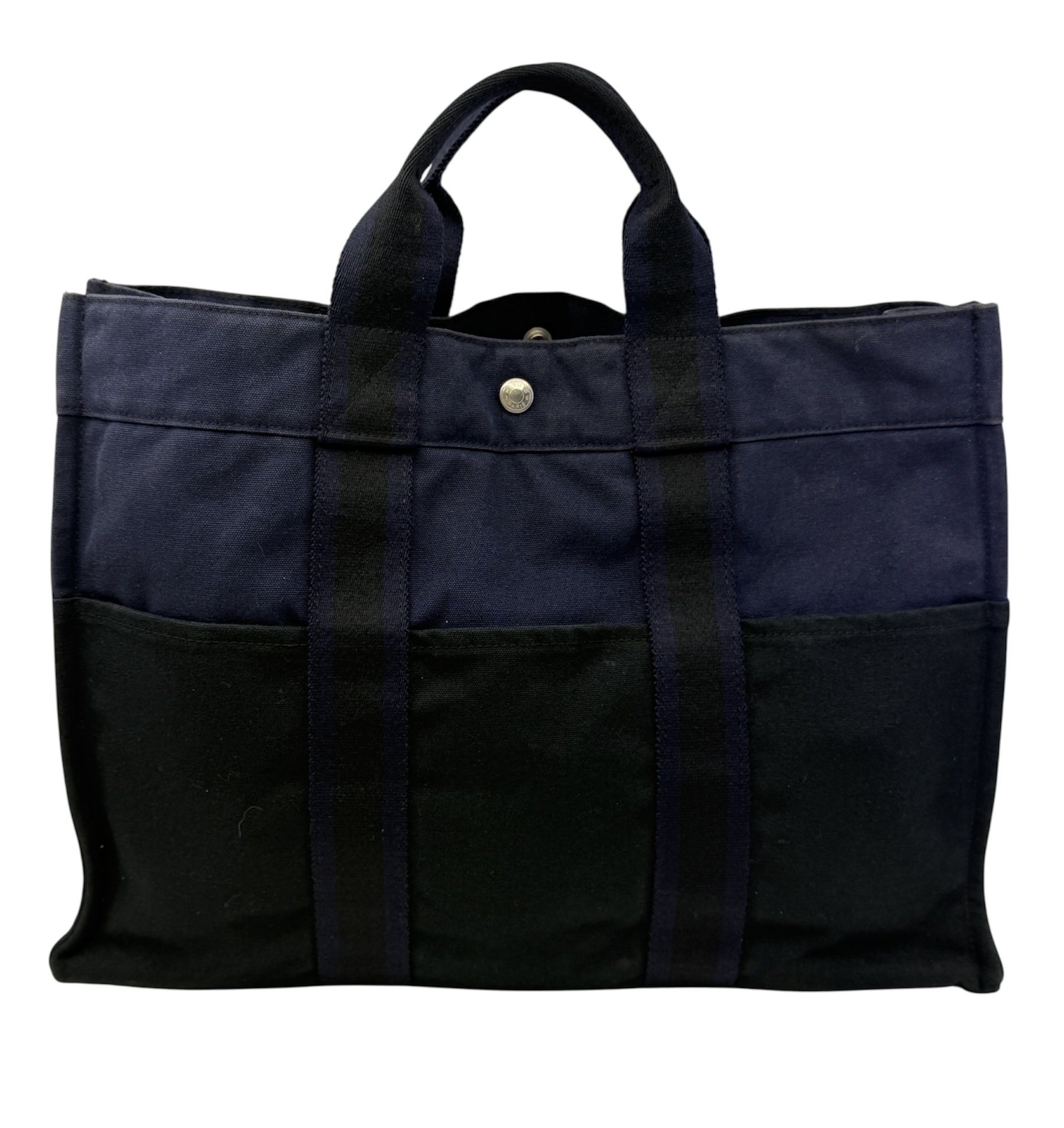 Authentic Hermes Fourre Tout MM Handbag, Navy Blue color canvas