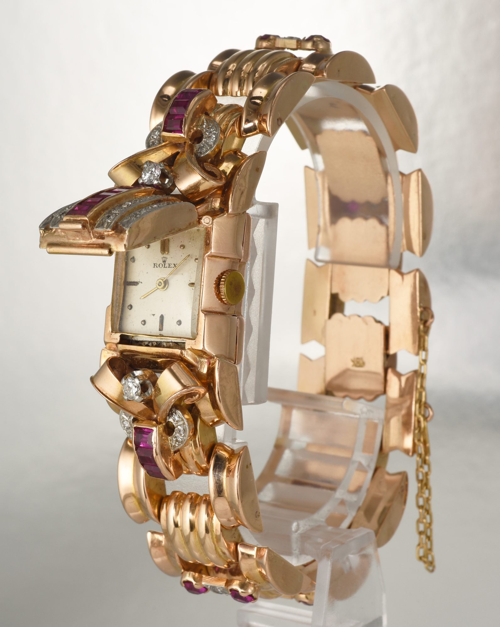 Vintage 1950s Ladies' Rolex Cocktail watch in 18K Rose Gold w/Diamonds,Rubies 48.4gm - Image 6